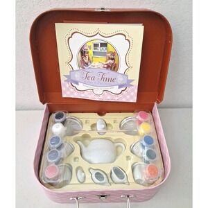Children's Painting Kit Tea Set Cups Teapot Paint Paintbrush Book W/ Carry Case